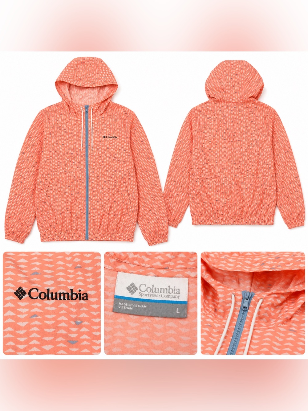 Columbia Coral Hooded Windbreaker Jacket Women’s Large Lightweight Full Zip